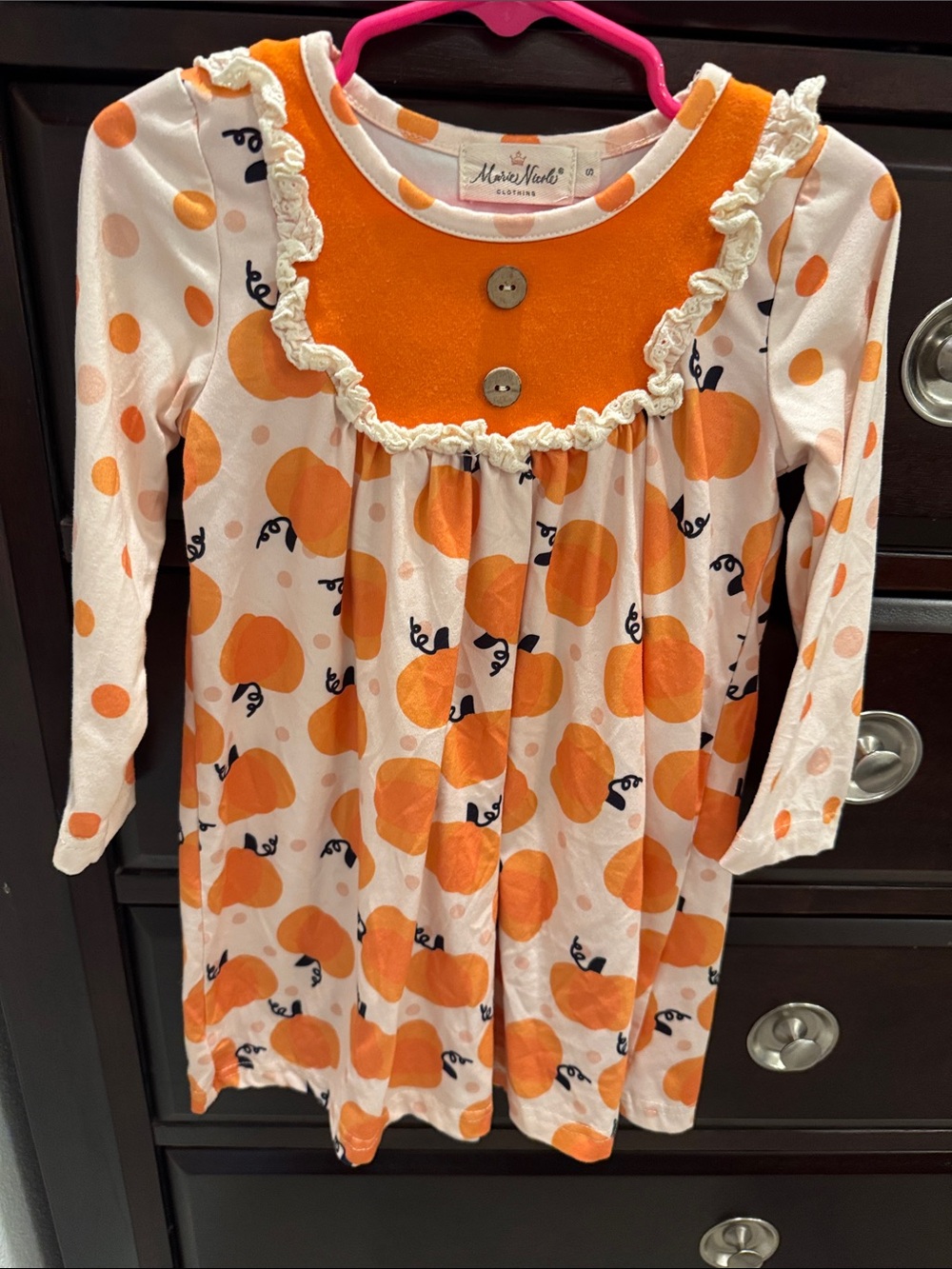 Marie Nicole Orange Pumpkin-Print Long-Sleeve Girls Dress